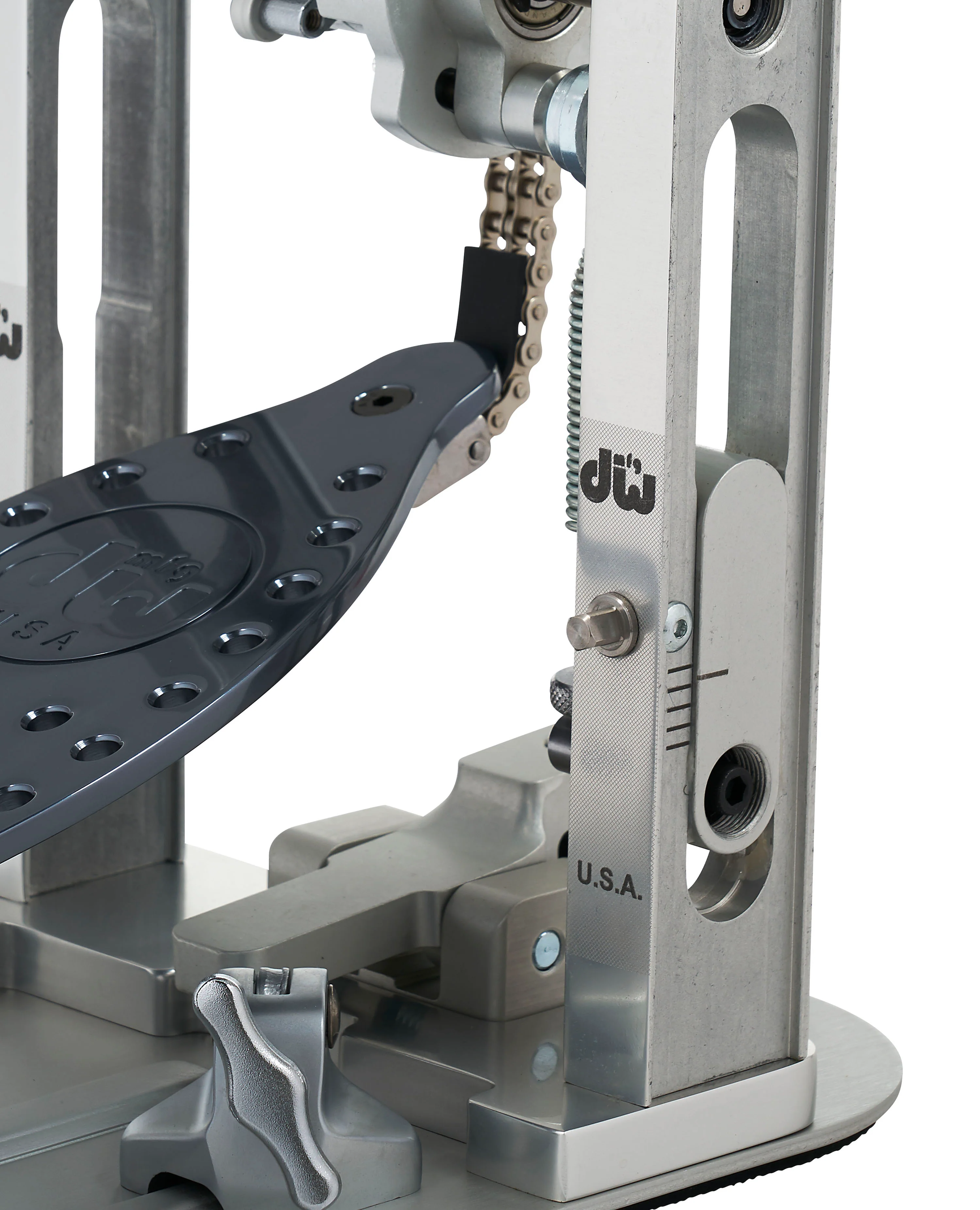 DW Drums MFG Series Machined Chain Drive Double Bass Drum Pedal with Extended Footboard, Polished Aluminum - Image 2